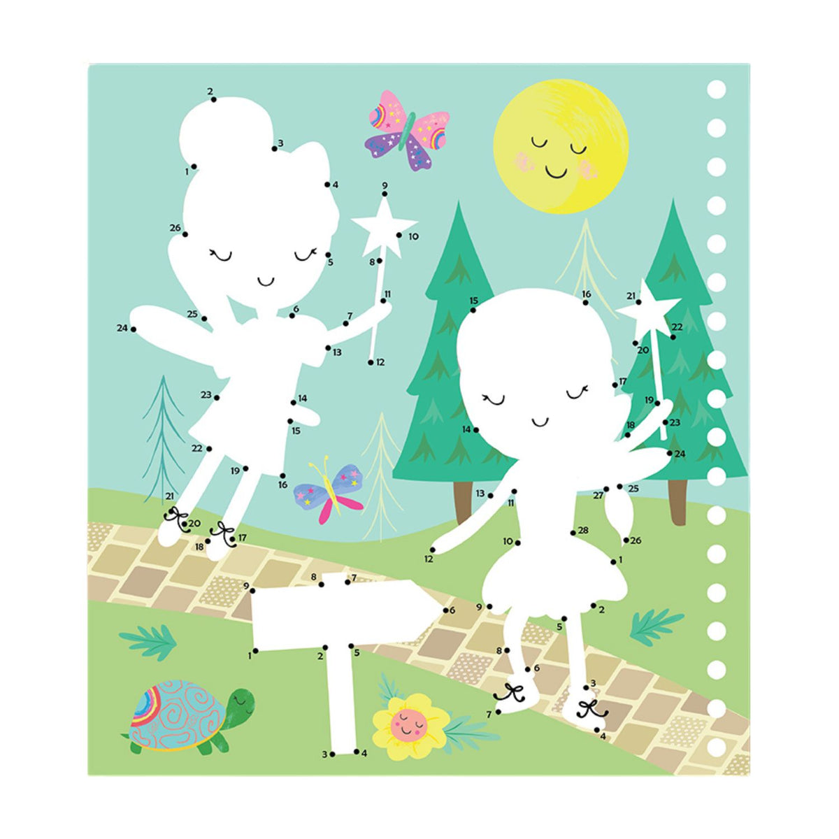 Children's join the dots activity sheet of two white figures in a forest with trees, butterflies, and a sun.