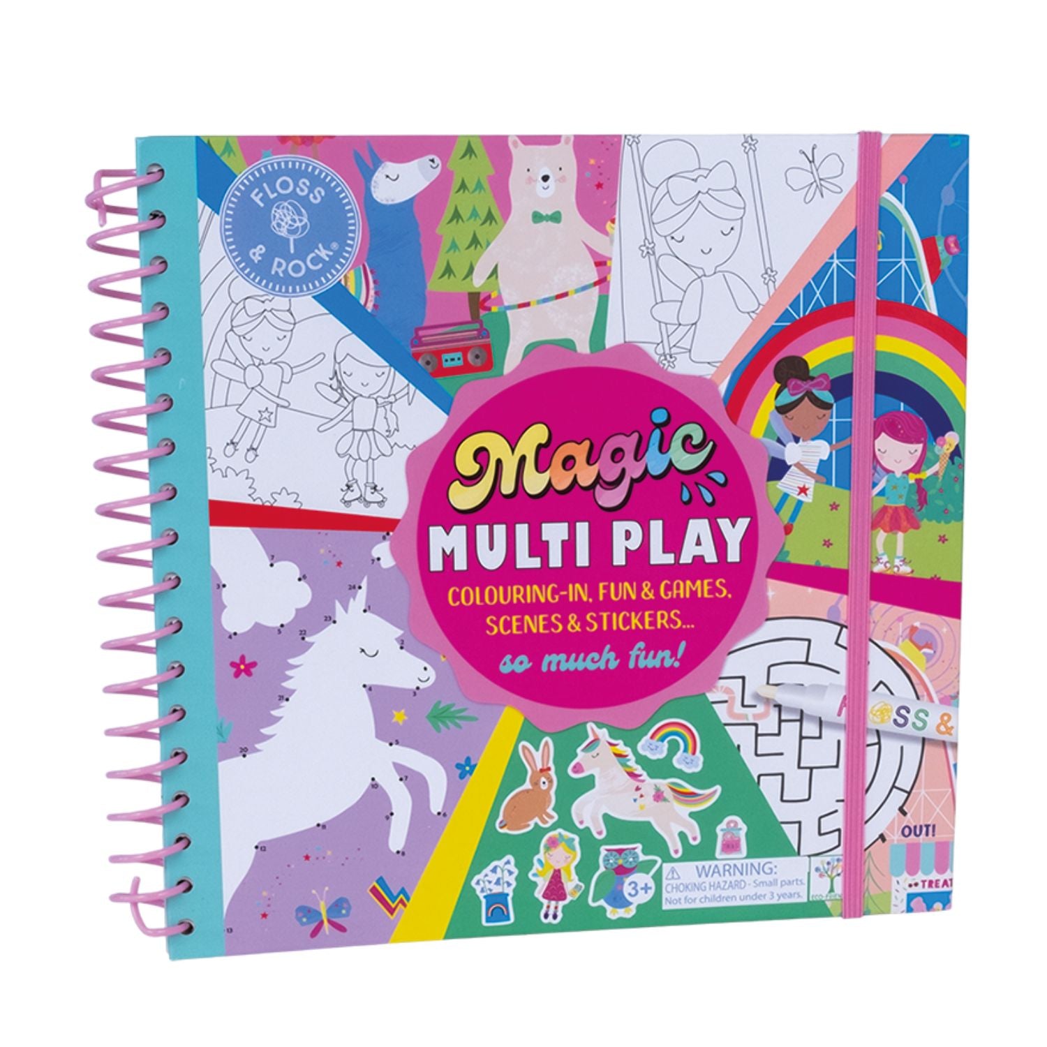 Coloring book titled 'Magic Multi Play' with spiral binding