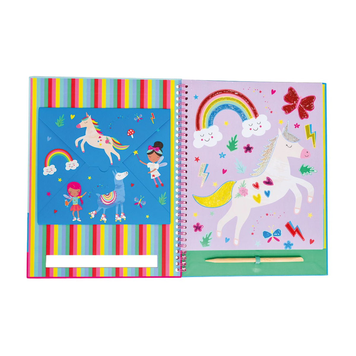 The Unicorn Foil & Play Activity Book showing a spiral-bound cover with a purple unicorn and a stack of shimmering pink and silver foil sheets.