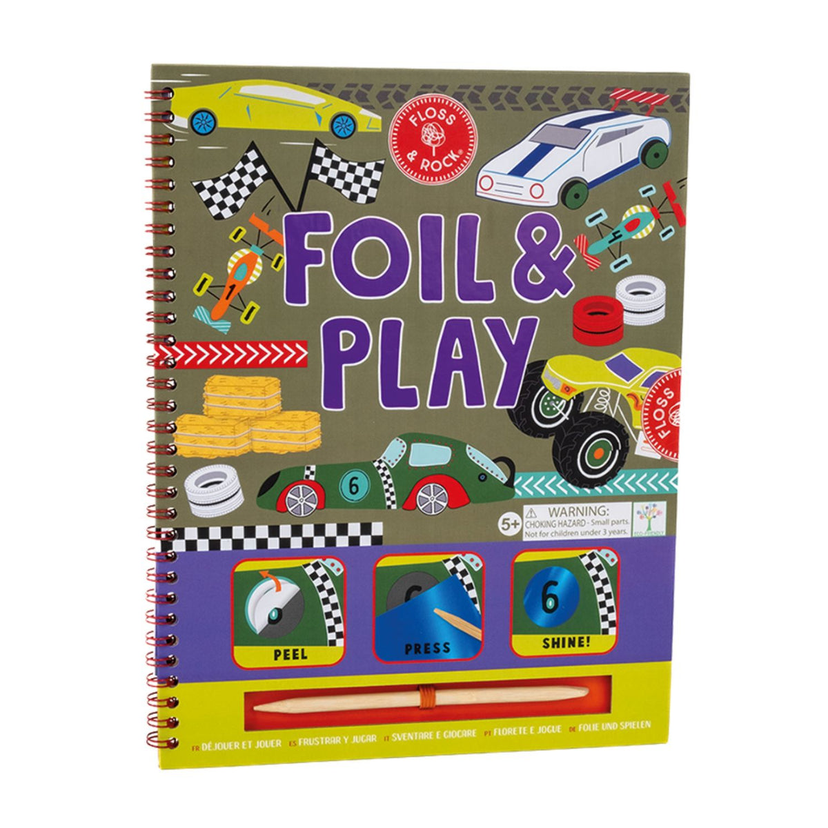 The Foil & Play Construction Activity Book showing a spiral-bound cover with a yellow digger and several vibrant, shimmering foil sheets tucked inside.