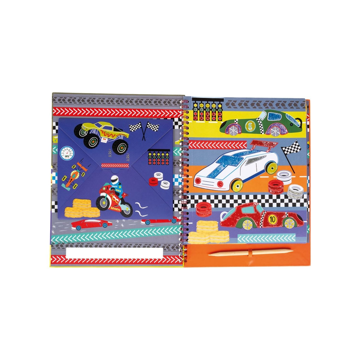 A spiral bound book titled 'FOIL & PLAY' with colorful illustrated pages and various car designs.