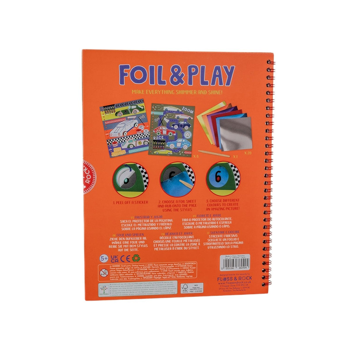 A spiral bound book titled 'FOIL & PLAY' with colorful illustrated pages and various car designs.
