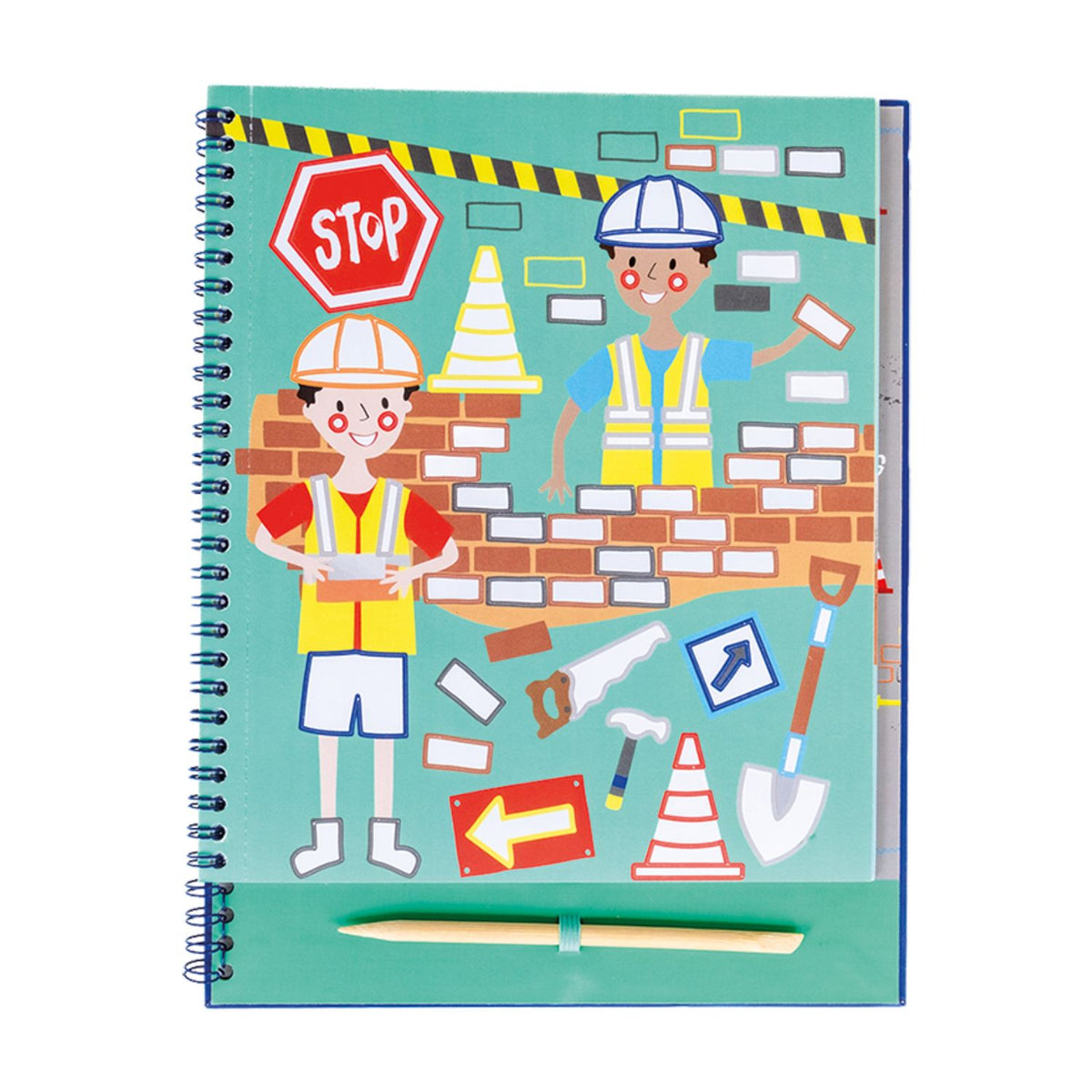Finished Artwork Reveal: A close-up of a page featuring a construction scene with sparkling, multi-coloured foil details that catch the light.