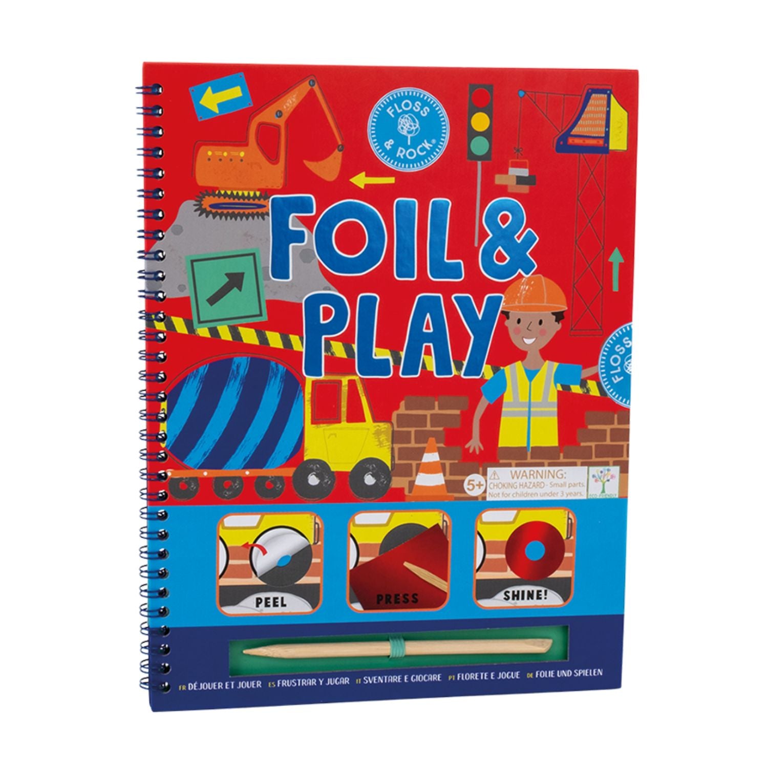 The Foil & Play Construction Activity Book showing a spiral-bound cover with a yellow digger and several vibrant, shimmering foil sheets tucked inside.