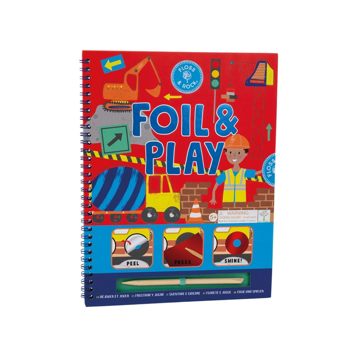 The Foil & Play Construction Activity Book showing a spiral-bound cover with a yellow digger and several vibrant, shimmering foil sheets tucked inside.