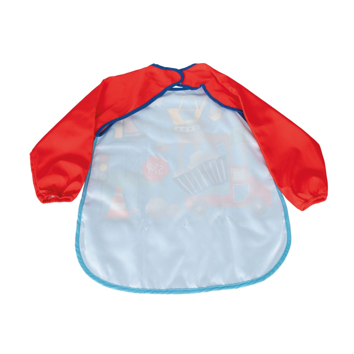 Back of the construction children's apron with red sleeves and blue trim 