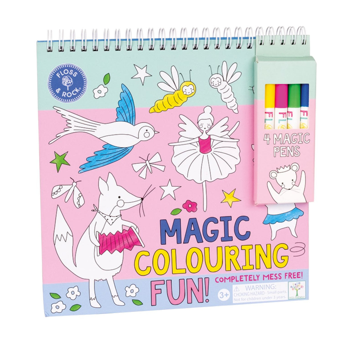 Magic ink colouring book featuring a spiral-bound pad, eight themed illustration pages, and four special pens that only reveal colour on the paper.