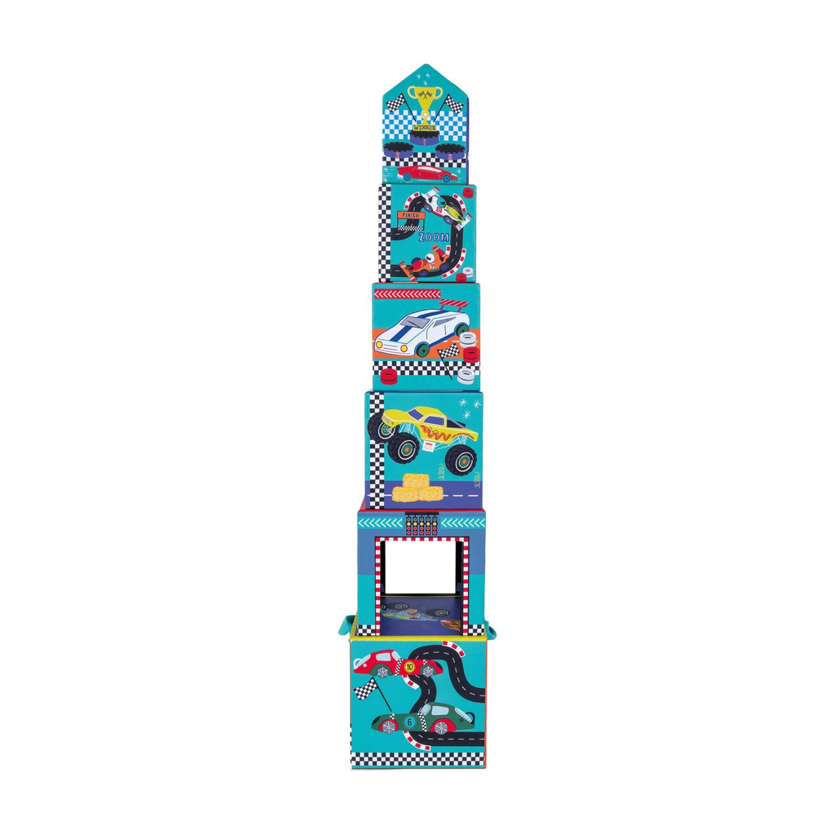 Children's toy stacking blocks with race car designs