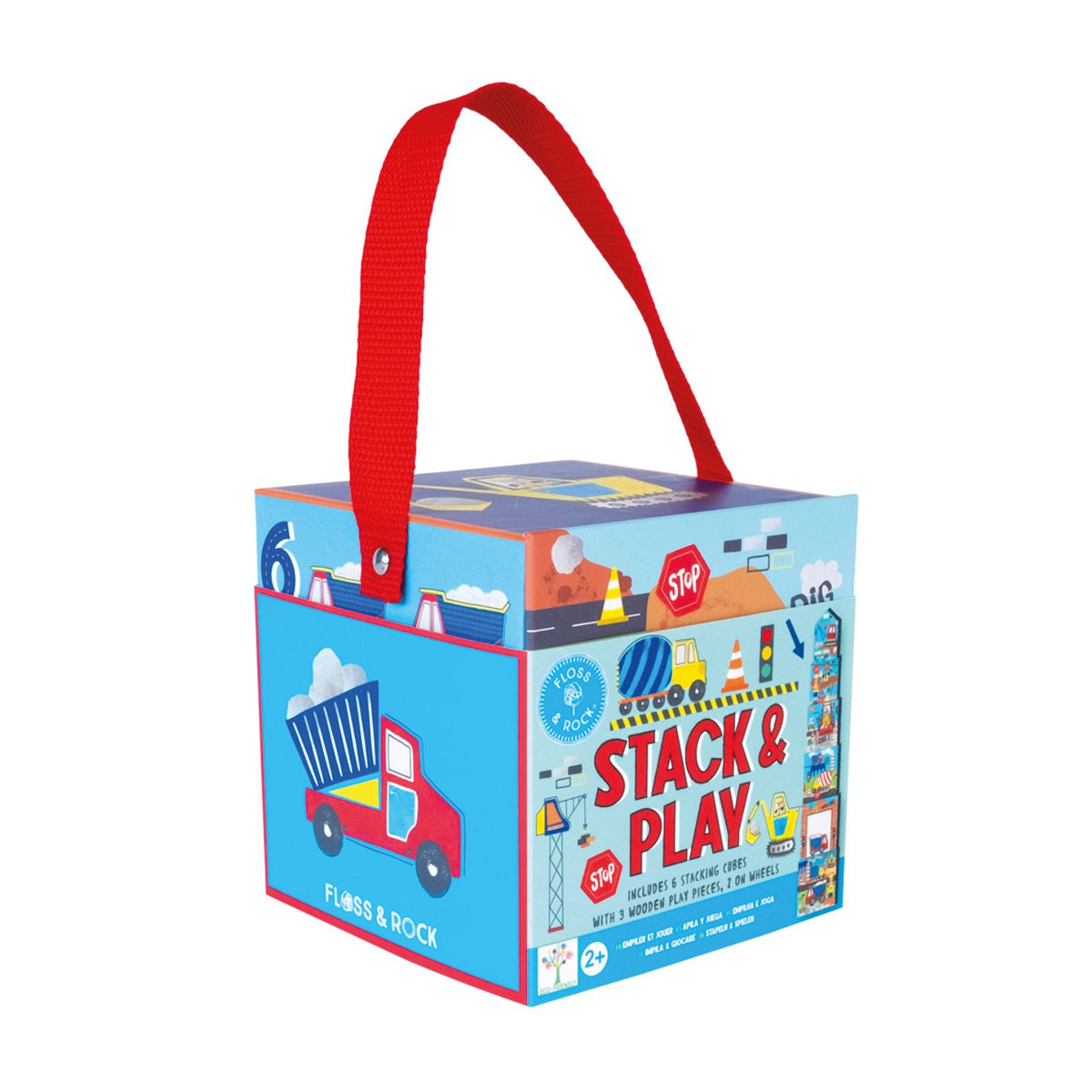 Children's toy stack & play in packaging, featuring illustrations of construction vehicles