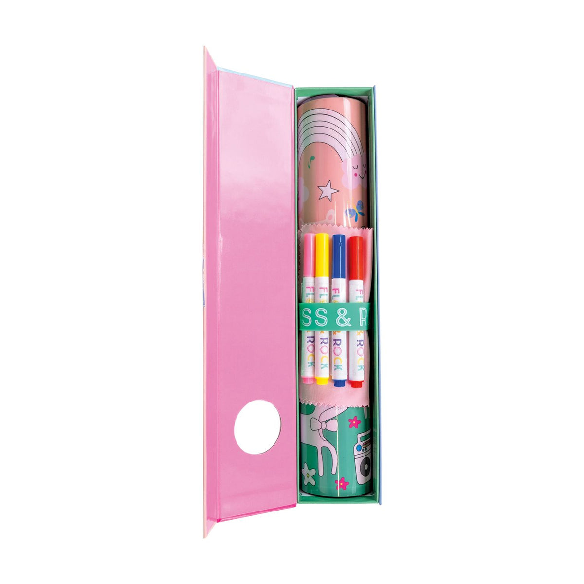Packaging of a Colouring Fun & Games Mat with a Rainbow Fairy theme, including illustrations of fairies and animals. The mat is designed for coloring and includes dry wipe pens and a cleaning cloth.