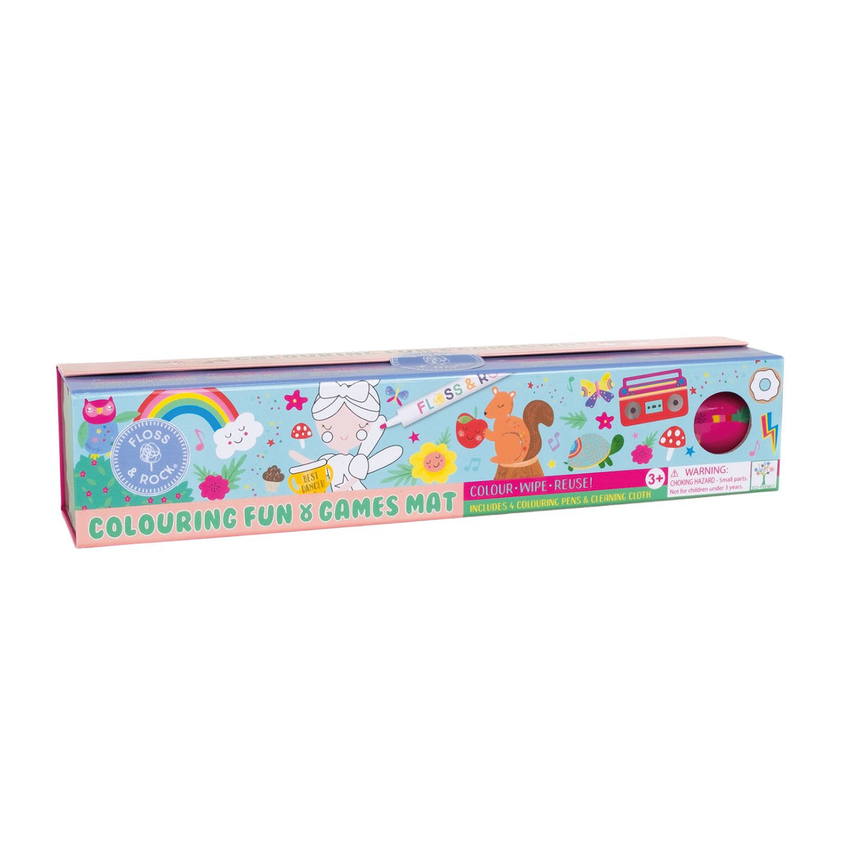 Packaging of a Colouring Fun & Games Mat with a Rainbow Fairy theme, including illustrations of fairies and animals. The mat is designed for coloring and includes dry wipe pens and a cleaning cloth.