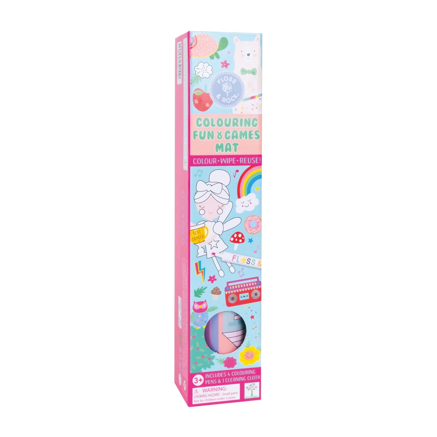 Packaging of a Colouring Fun & Games Mat with a Rainbow Fairy theme, including illustrations of fairies and animals. The mat is designed for coloring and includes dry wipe pens and a cleaning cloth.