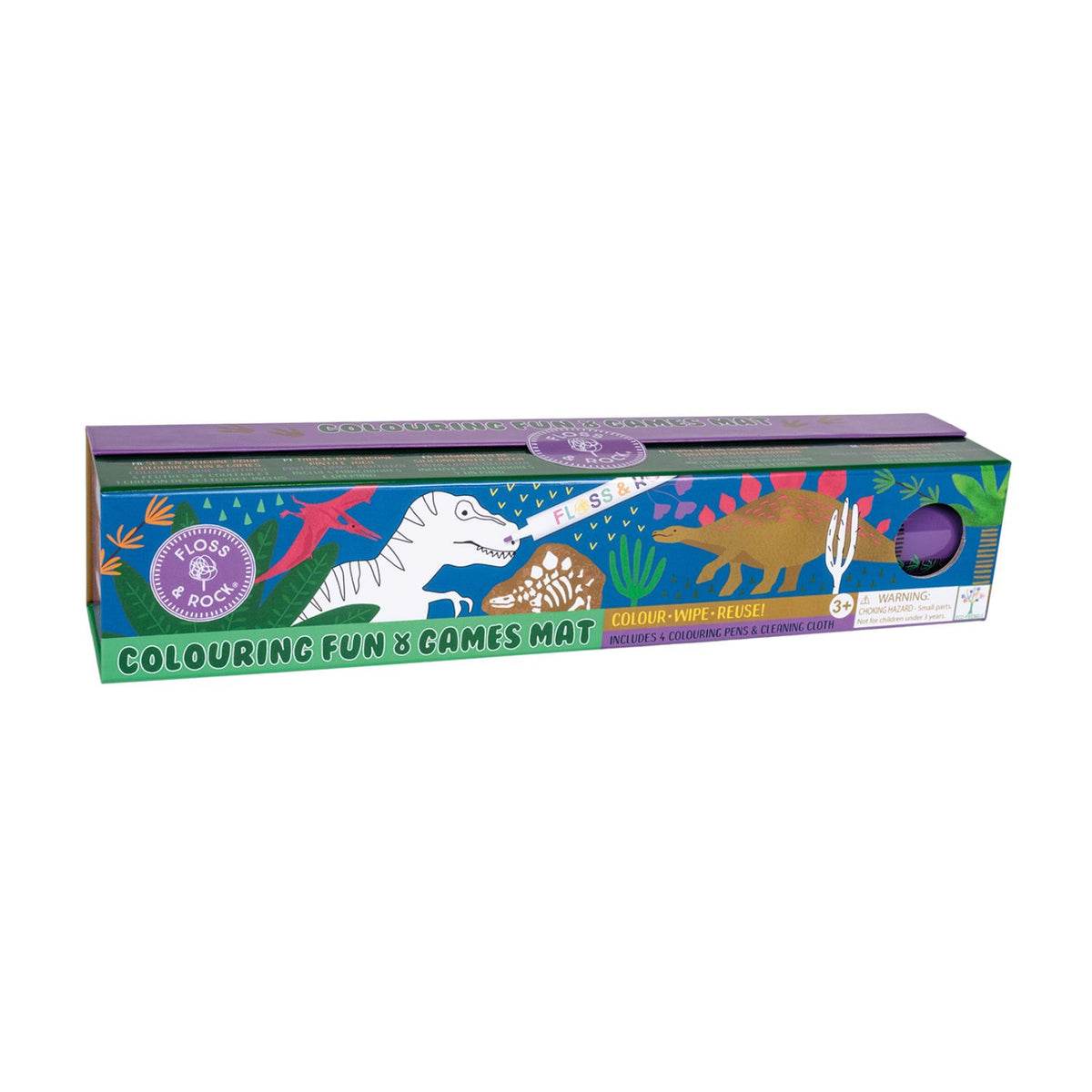 Packaging of a Colouring Fun and Games Mat with a dinosaur theme, including 4 color dry wipe pens and a cleaning cloth.
