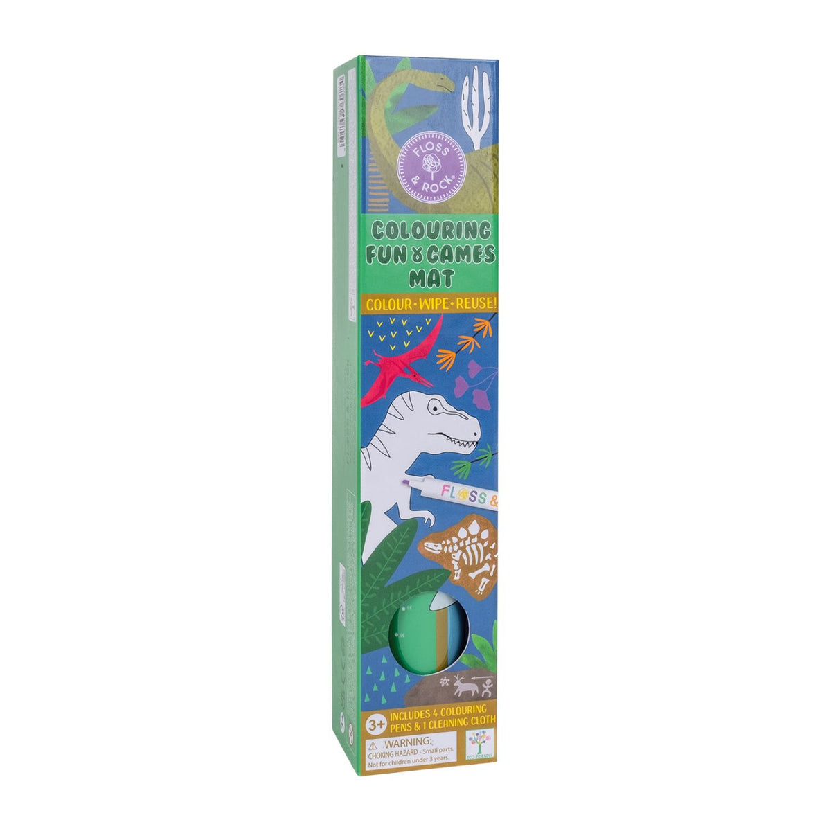 Packaging of a Colouring Fun and Games Mat with a dinosaur theme, including 4 color dry wipe pens and a cleaning cloth.