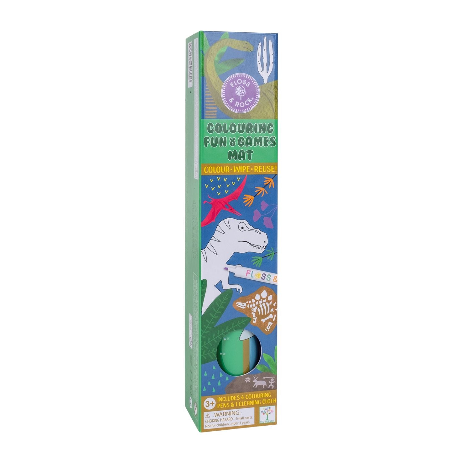 Packaging of a Colouring Fun and Games Mat with a dinosaur theme, including 4 color dry wipe pens and a cleaning cloth.