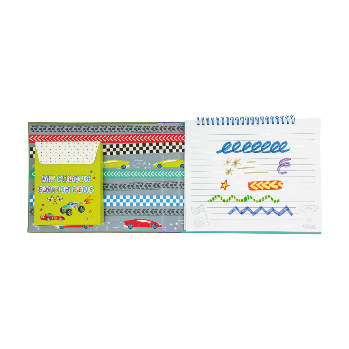 A colorful package containing art supplies including a magic white pen, colored pens, doodle pages, color-in pages, lined pages, and sticker pages, themed around cars.