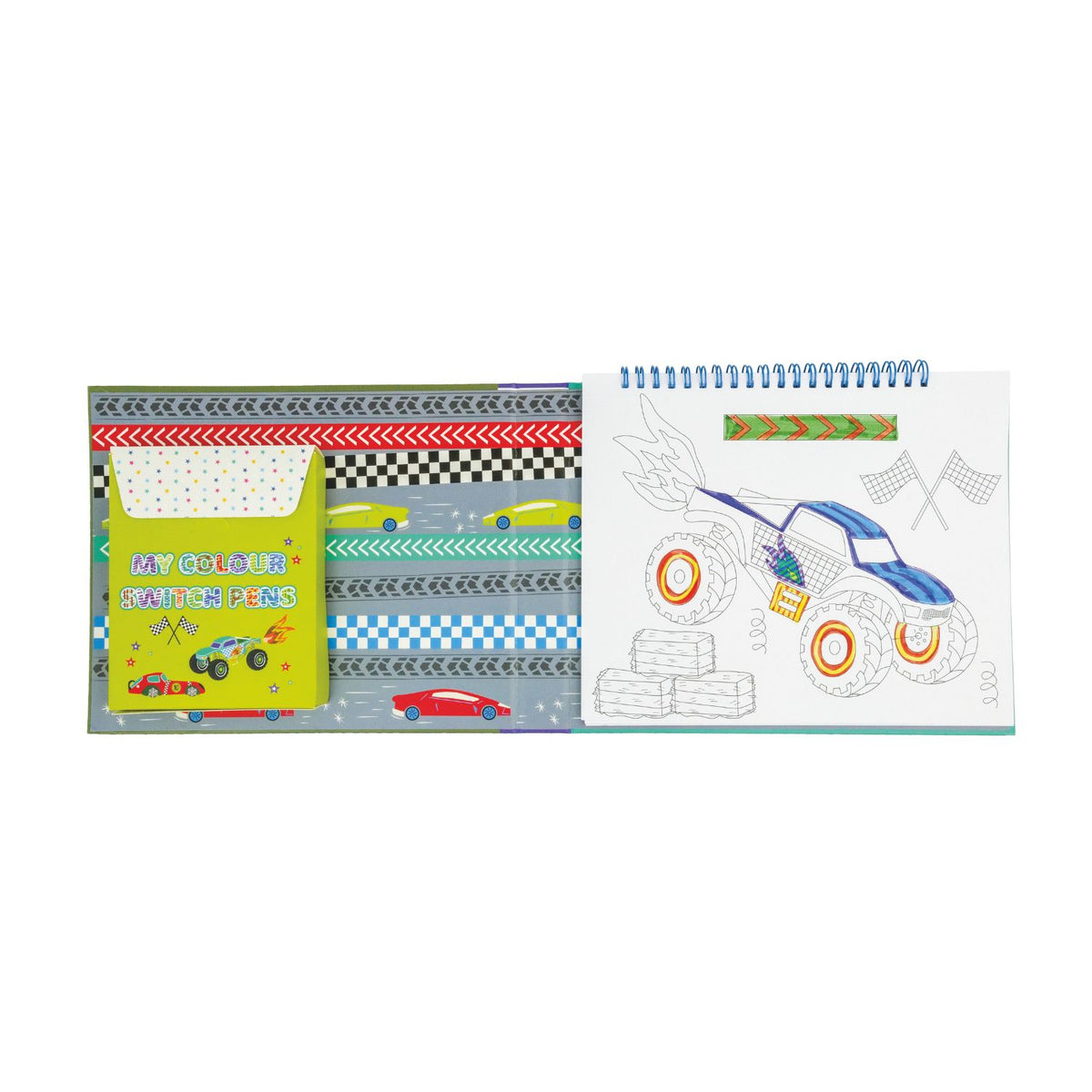 A colorful package containing art supplies including a magic white pen, colored pens, doodle pages, color-in pages, lined pages, and sticker pages, themed around cars.