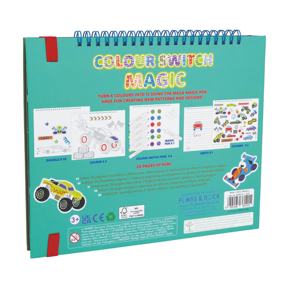 A colorful package containing art supplies including a magic white pen, colored pens, doodle pages, color-in pages, lined pages, and sticker pages, themed around cars.