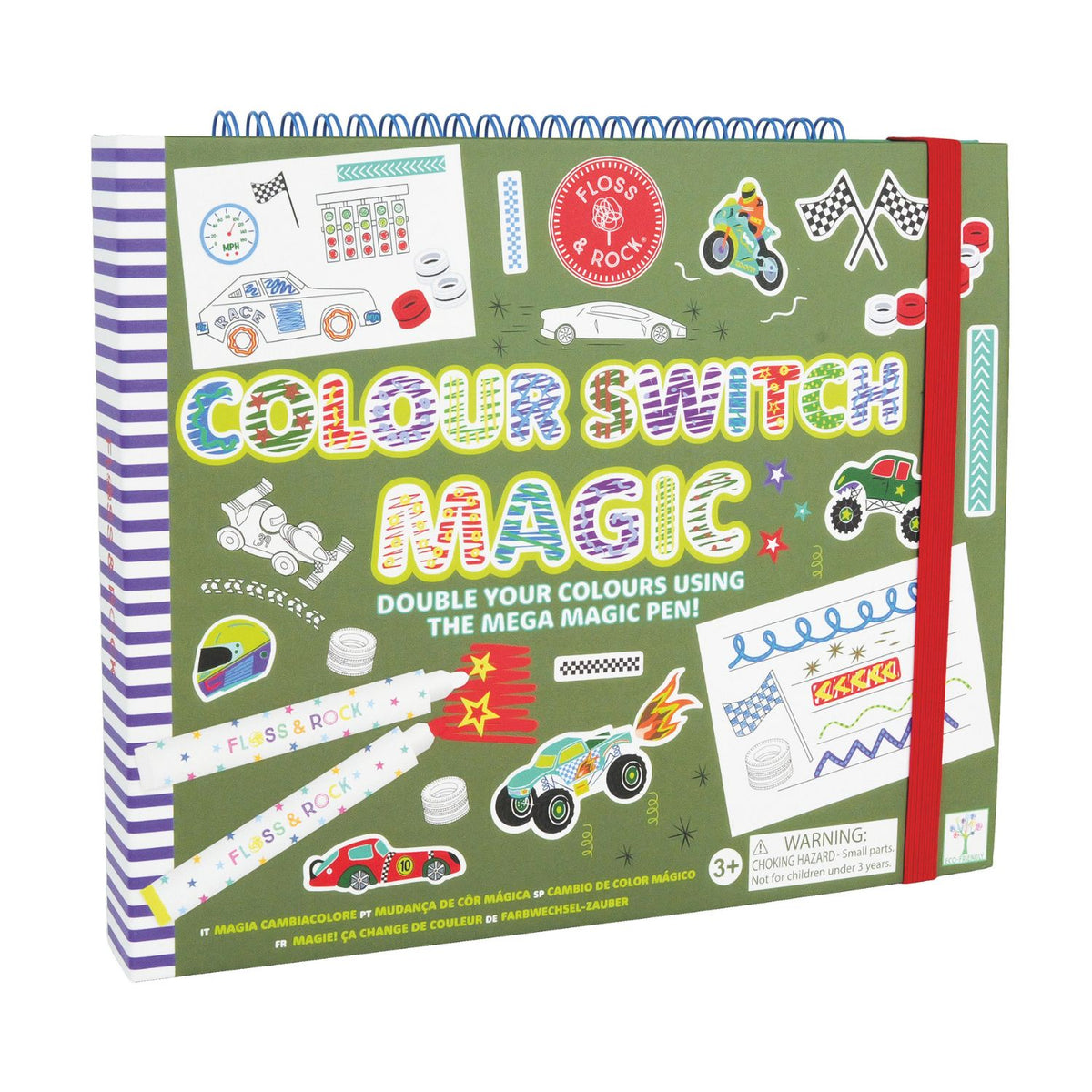 A colorful package containing art supplies including a magic white pen, colored pens, doodle pages, color-in pages, lined pages, and sticker pages, themed around cars.