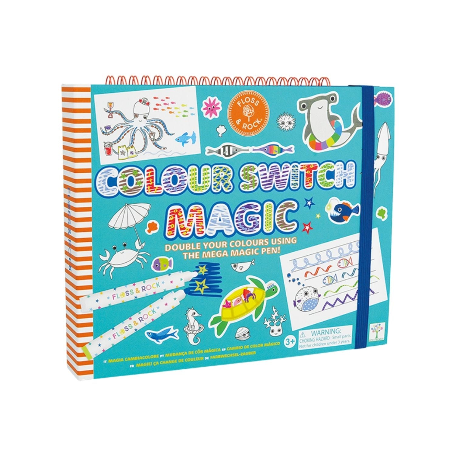 The Colour Switch Magic activity pad showing the 6 coloured pens and 1 magic white pen tucked into the ring-bound case with a secure elastic closure.