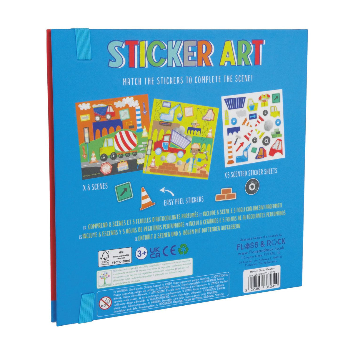 A sticker art book with a construction theme, featuring various colorful illustrations of construction vehicles and characters.