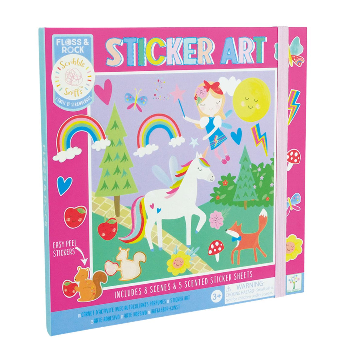 Sticker art kit packaging with a unicorn and forest design on a pink and blue background.