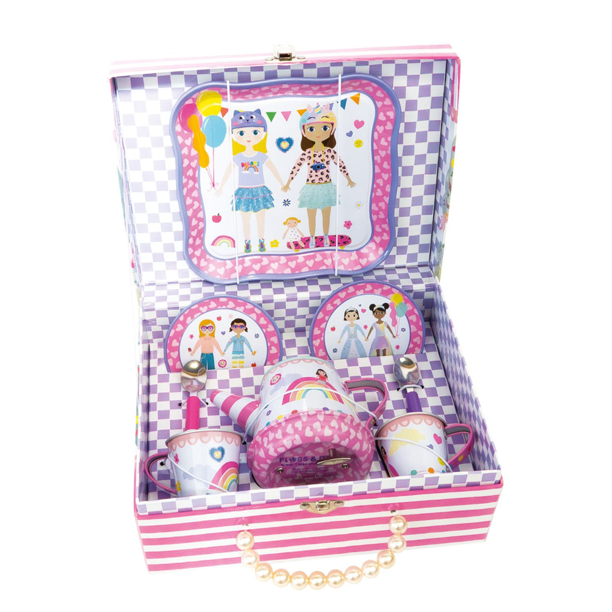 A beautiful illustrated carry case for the tea set, showing the decorative pearl-style handle and the "Best Friends" artwork on the exterior.