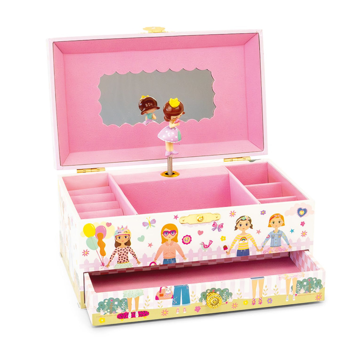An open musical jewellery box showing a small dancing doll figurine twirling in front of a mirror while the music plays.