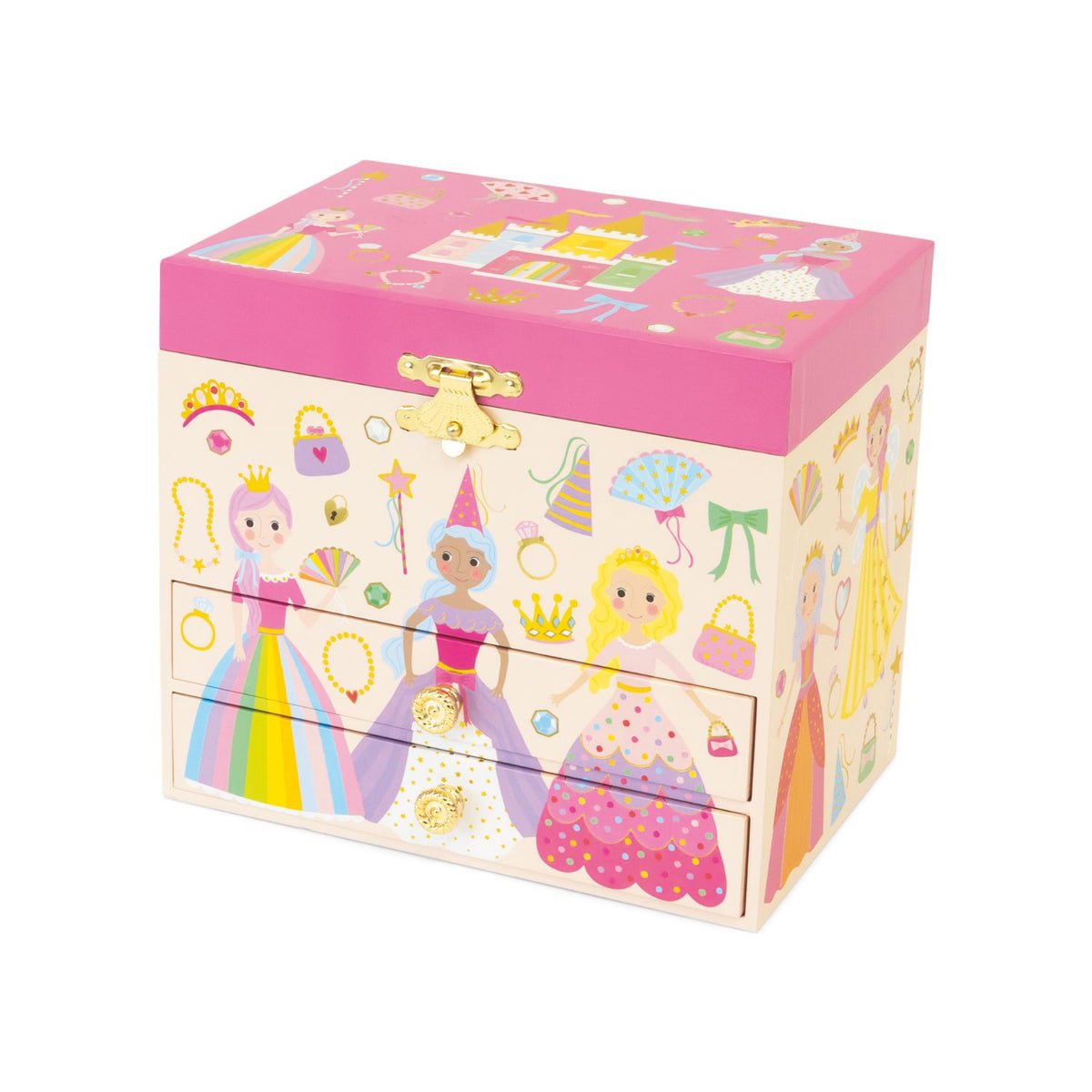 Store treasures in this enchanting princess musical jewellery box. Features shimmering foil details, two drawers, and a spinning princess that twirls to the "Carousel Waltz."