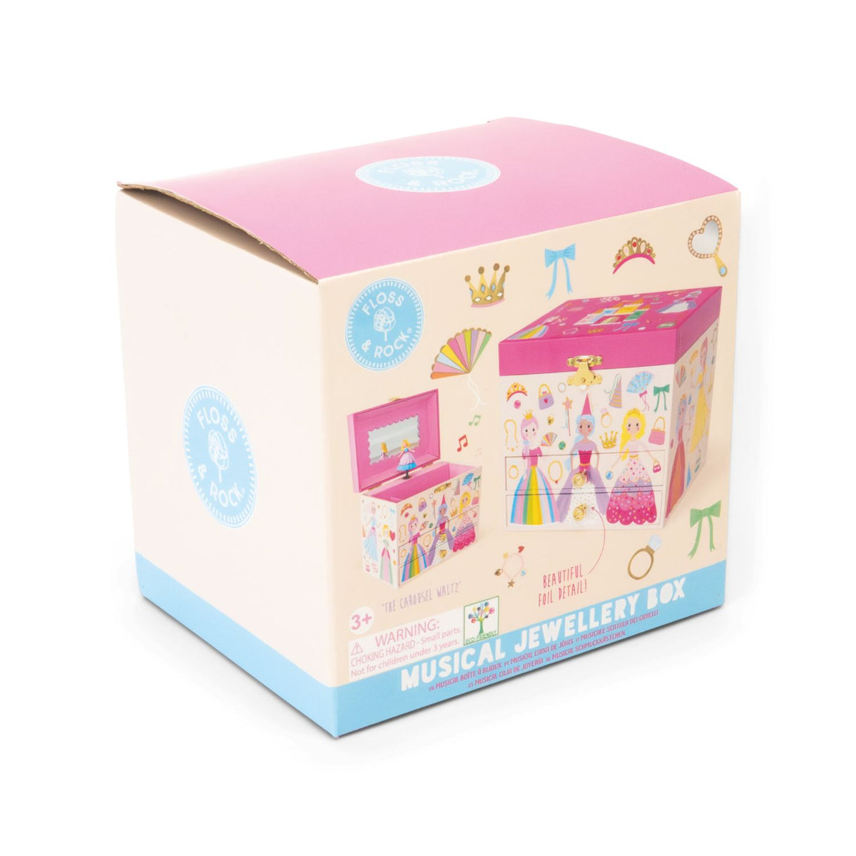 Box packaging showing a decorative jewellery box with two drawers and a spacious main compartment. Adorned with sparkling princess illustrations and a mirror. Ideal for ages three and up.