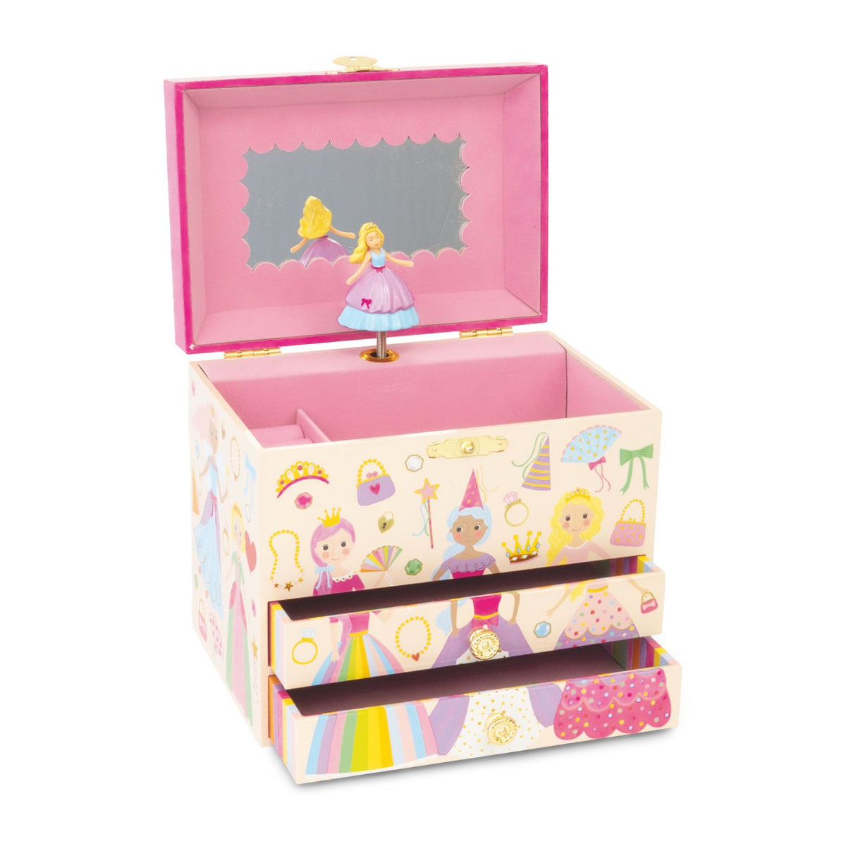 A front-facing view of the princess jewellery box with its two small pull-out drawers open, displaying space for small trinkets and rings.