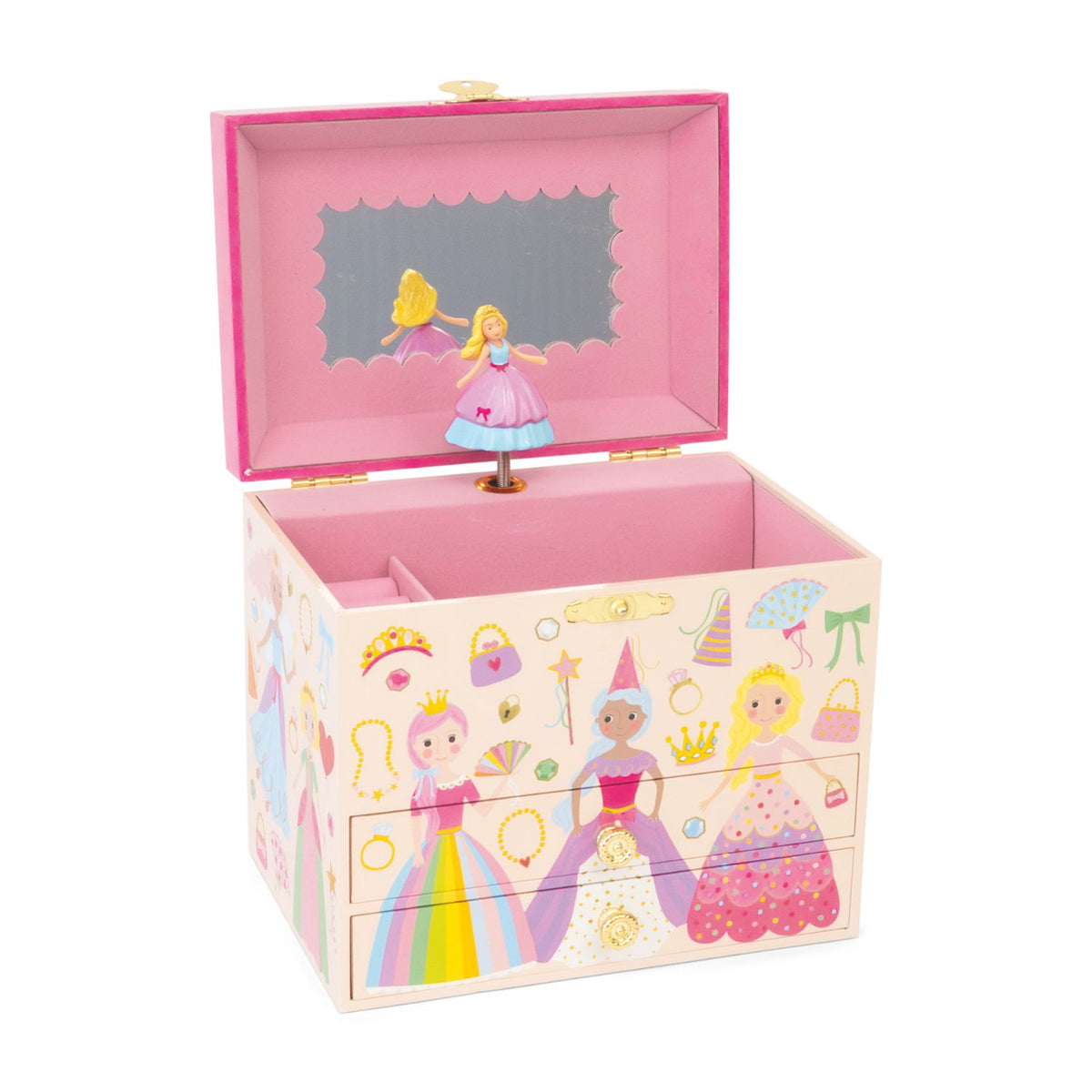 A decorative jewellery box with two drawers and a spacious main compartment. Adorned with sparkling princess illustrations and a mirror. Ideal for ages three and up.