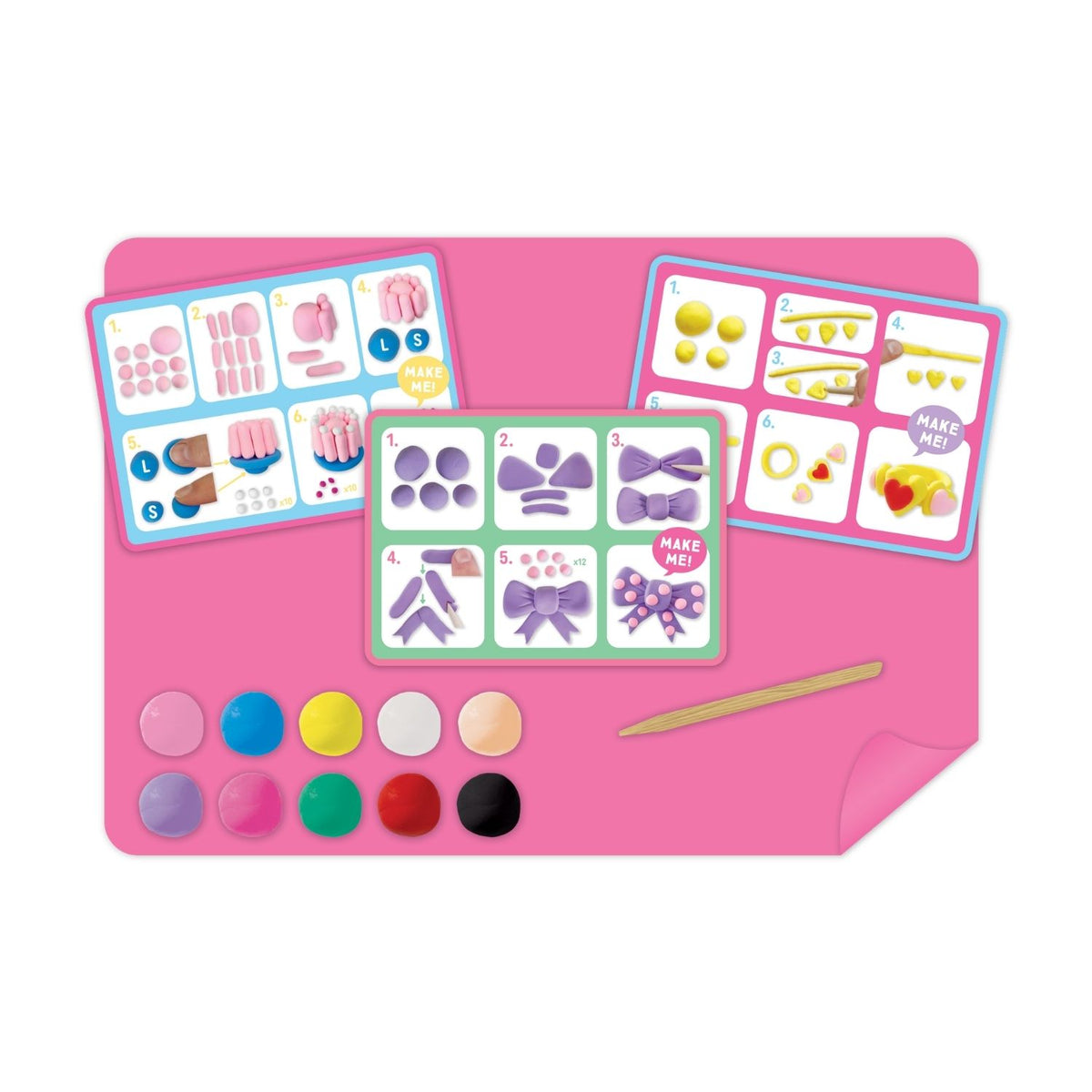 A close-up of a double-sided instruction card showing simple, numbered steps to sculpt a magical clay companion.