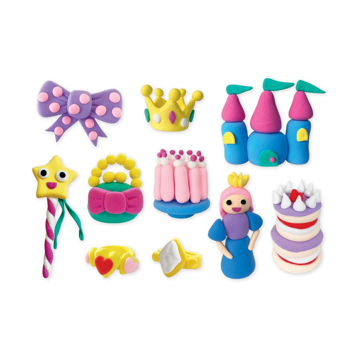 Set of colourful princess air dry clay figures including a bow, castle, and princess 