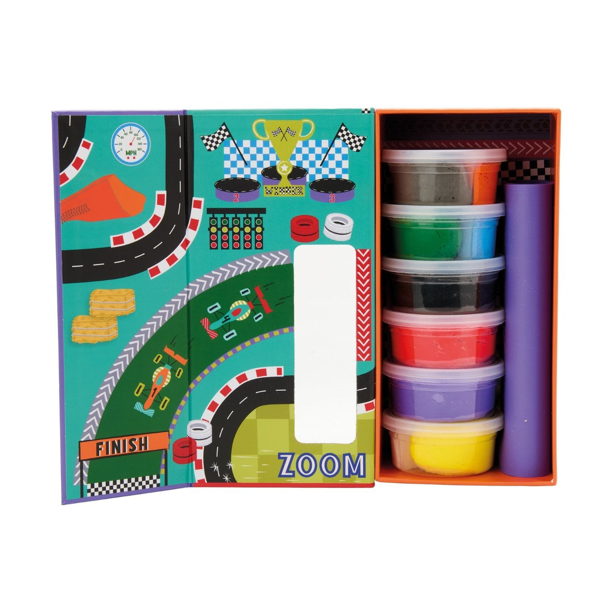 An eco-friendly vehicle craft set that transforms into a racing play scene. Made with recycled materials and soy inks. Includes 6 pots of soft clay to build skills and confidence.