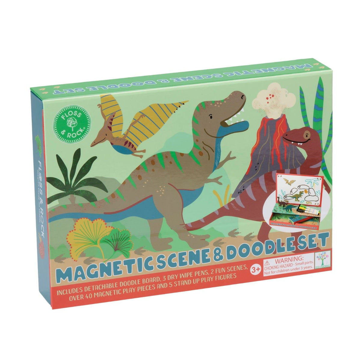 The ultimate travel magnetic activity kit for kids. This dinosaur set features a reversible play scene and 3 dry-wipe pens in a compact case. Mess-free fun on the go!