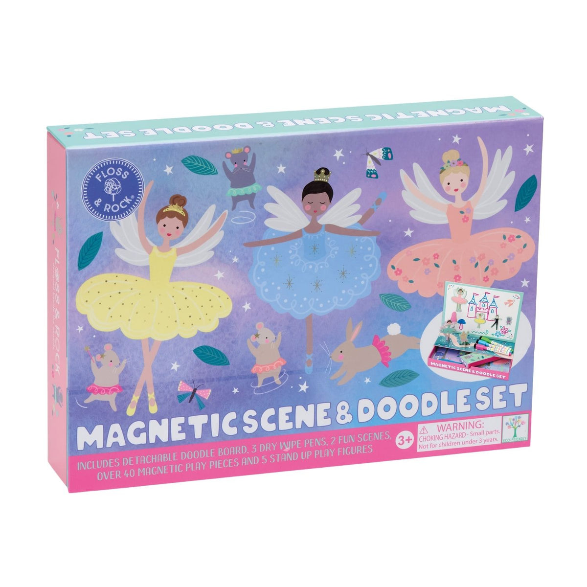 The ultimate travel magnetic activity kit for kids. This enchanted fairy set features a reversible play scene and 3 dry-wipe pens in a compact case. Mess-free fun on the go!