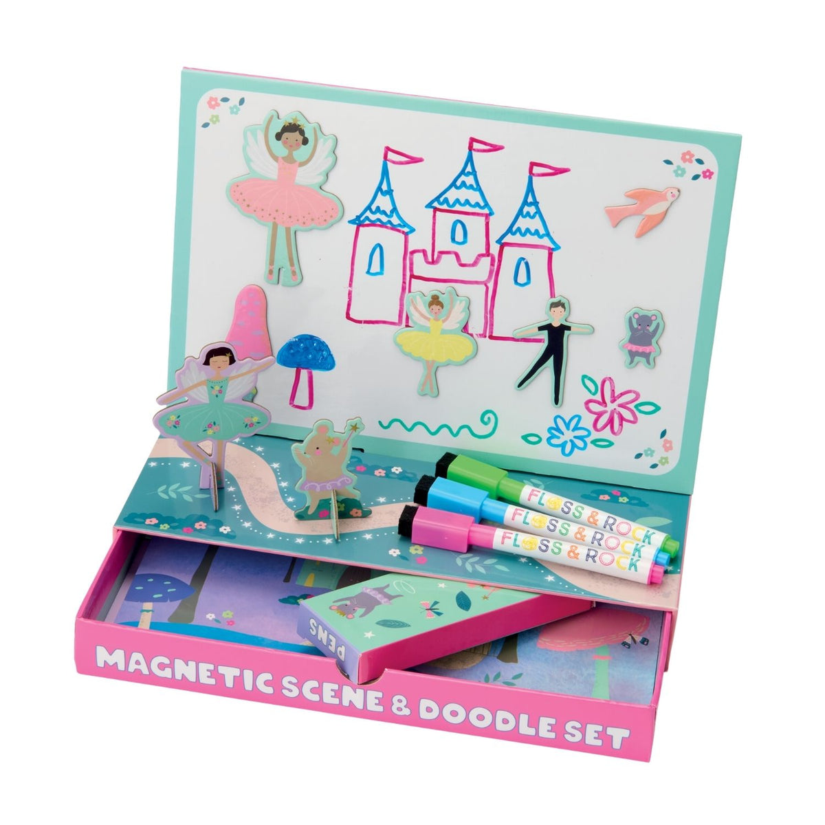 Spark imagination with this eco-friendly magnetic play scene. Made with FSC-certified materials and soy inks. Includes a detachable doodle board and 40+ magnets.