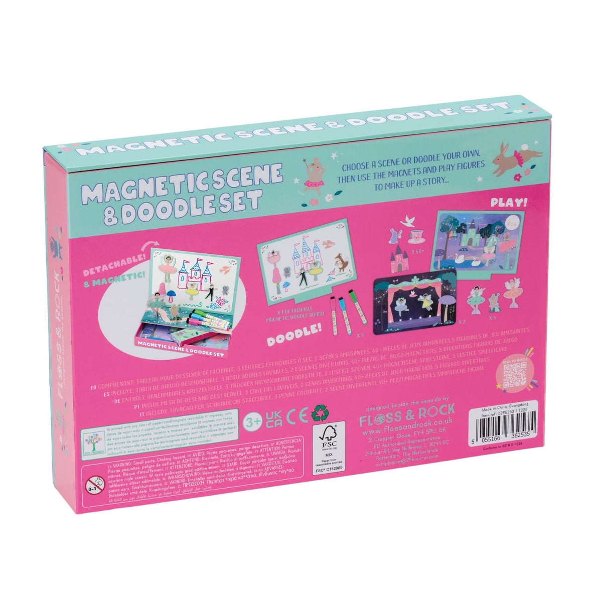 The Floss & Rock Enchanted Magnetic Scene & Doodle Set opened to reveal a colourful fairy forest backdrop, various character magnets, and three dry-wipe pens.