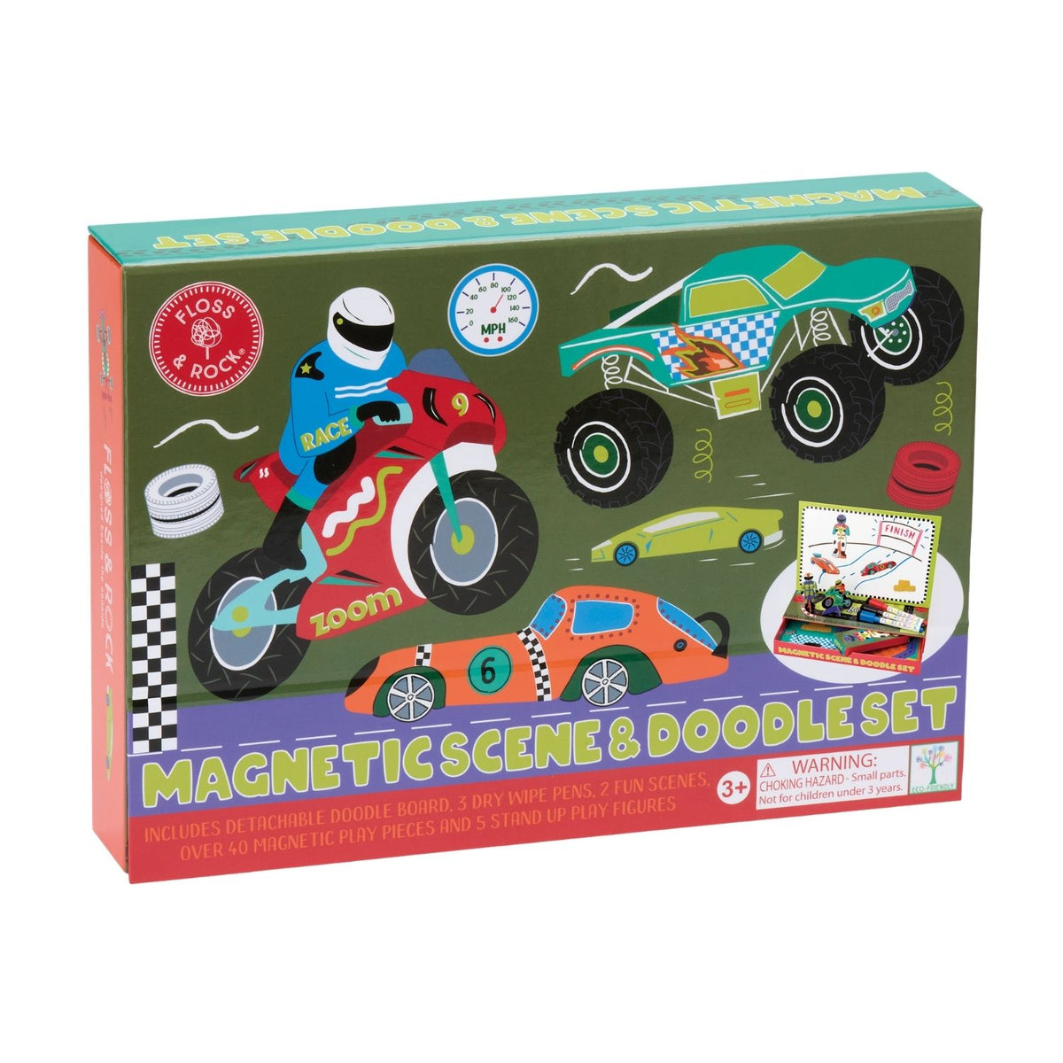Create, draw, and tell stories with this magnetic cars doodle set. Includes over 40 magnets, 5 stand-up characters, and a dry-wipe board. Perfect for ages 3 plus.