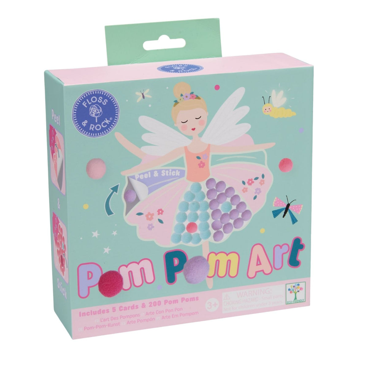A Pom Pom Art Kit containing five 2D picture cards and a pile of two hundred multi-coloured soft pom poms, suitable for toddlers and children aged three plus.