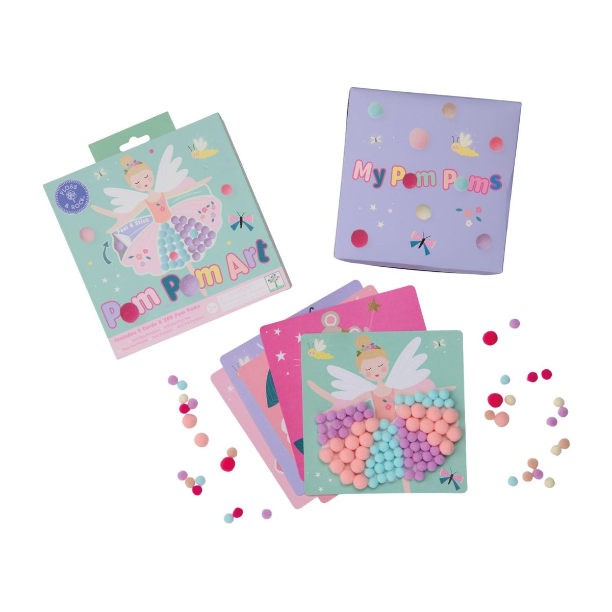 A Pom Pom Art Kit containing five 2D picture cards and a pile of two hundred multi-coloured soft pom poms, suitable for toddlers and children aged three plus.