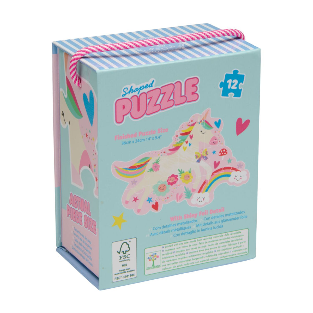 The back of the unicorn shaped puzzle packaging displaying the FSC-certified logo and recyclability symbols, highlighting the sustainable materials used.