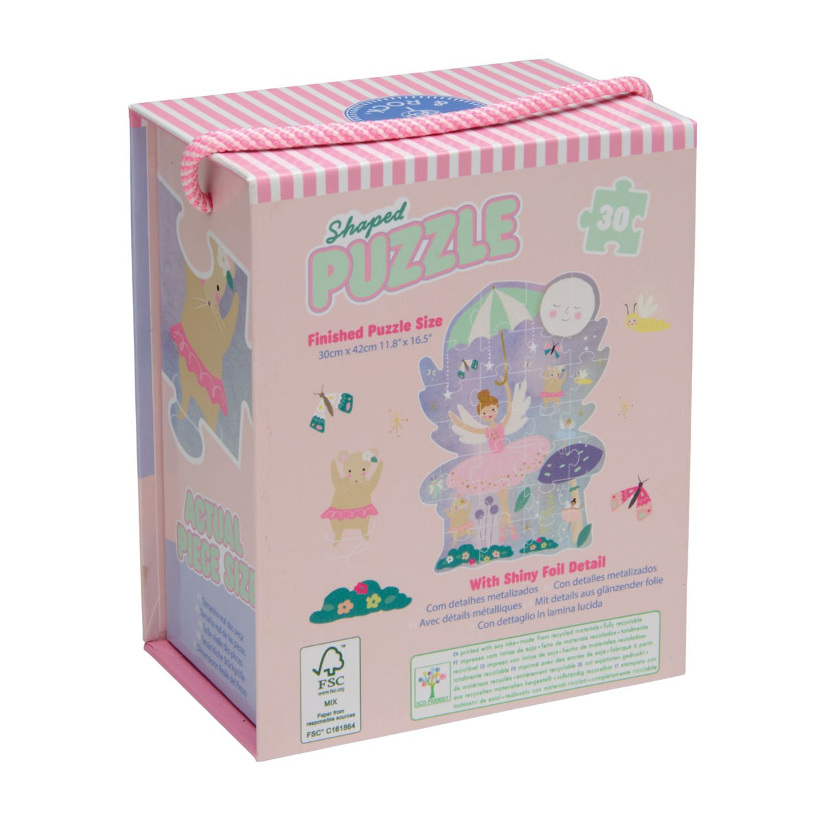 he back of the puzzle box clearly displaying the FSC-certified logo and "Printed with Soy Inks" label to highlight the sustainable manufacturing.
