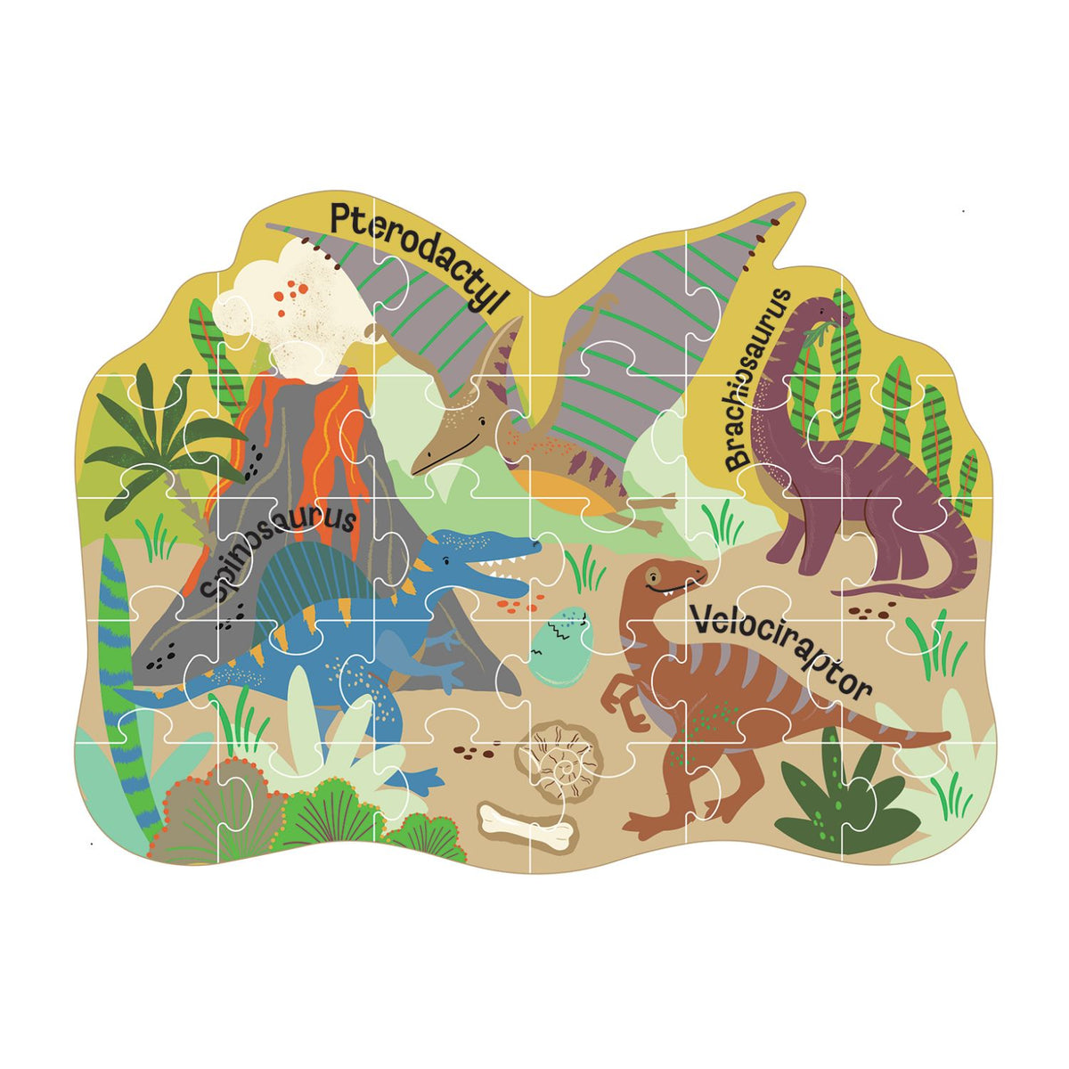 A completed 30-piece dinosaur mini puzzle showing a T-Rex and Triceratops in a lush jungle with shimmering silver foil details on the scales and volcano.
