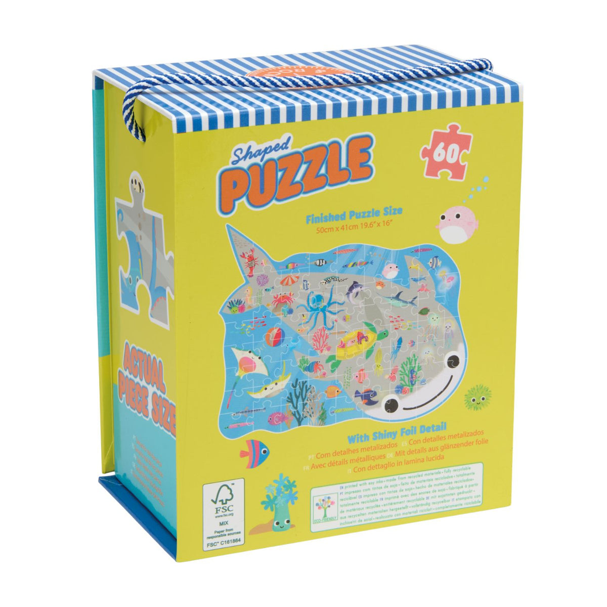 Dive deep with this 60-piece whale shark shaped puzzle. Featuring a majestic whale shark and shimmering silver foil details. For ocean lovers