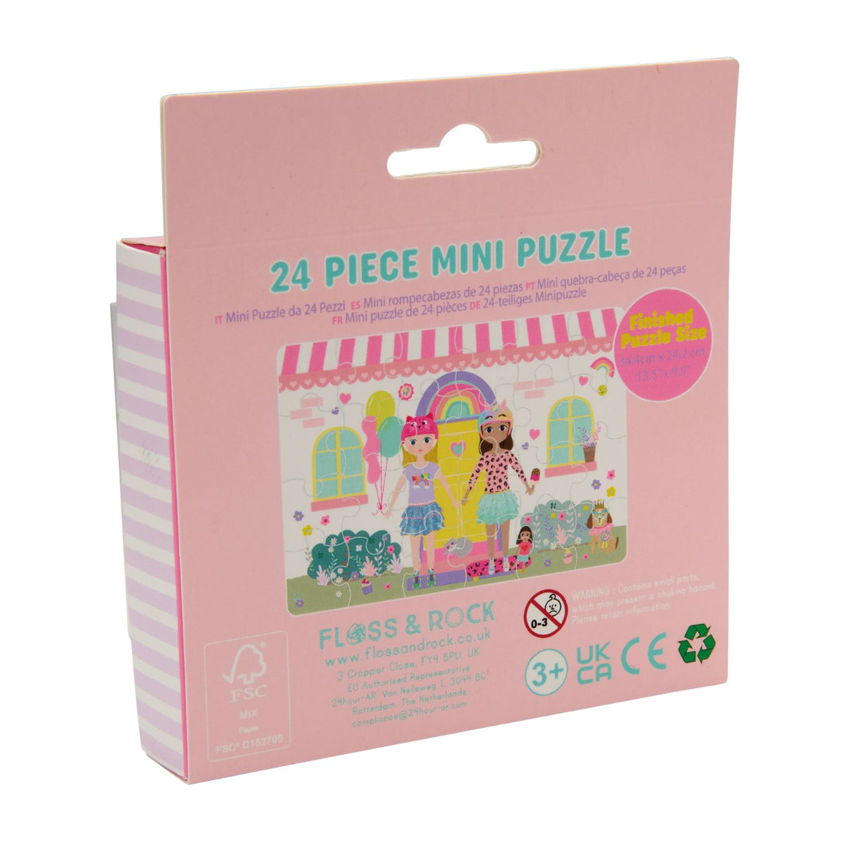 The back of the puzzle packaging displaying the FSC-certified logo and recyclability symbols, highlighting the sustainable materials use