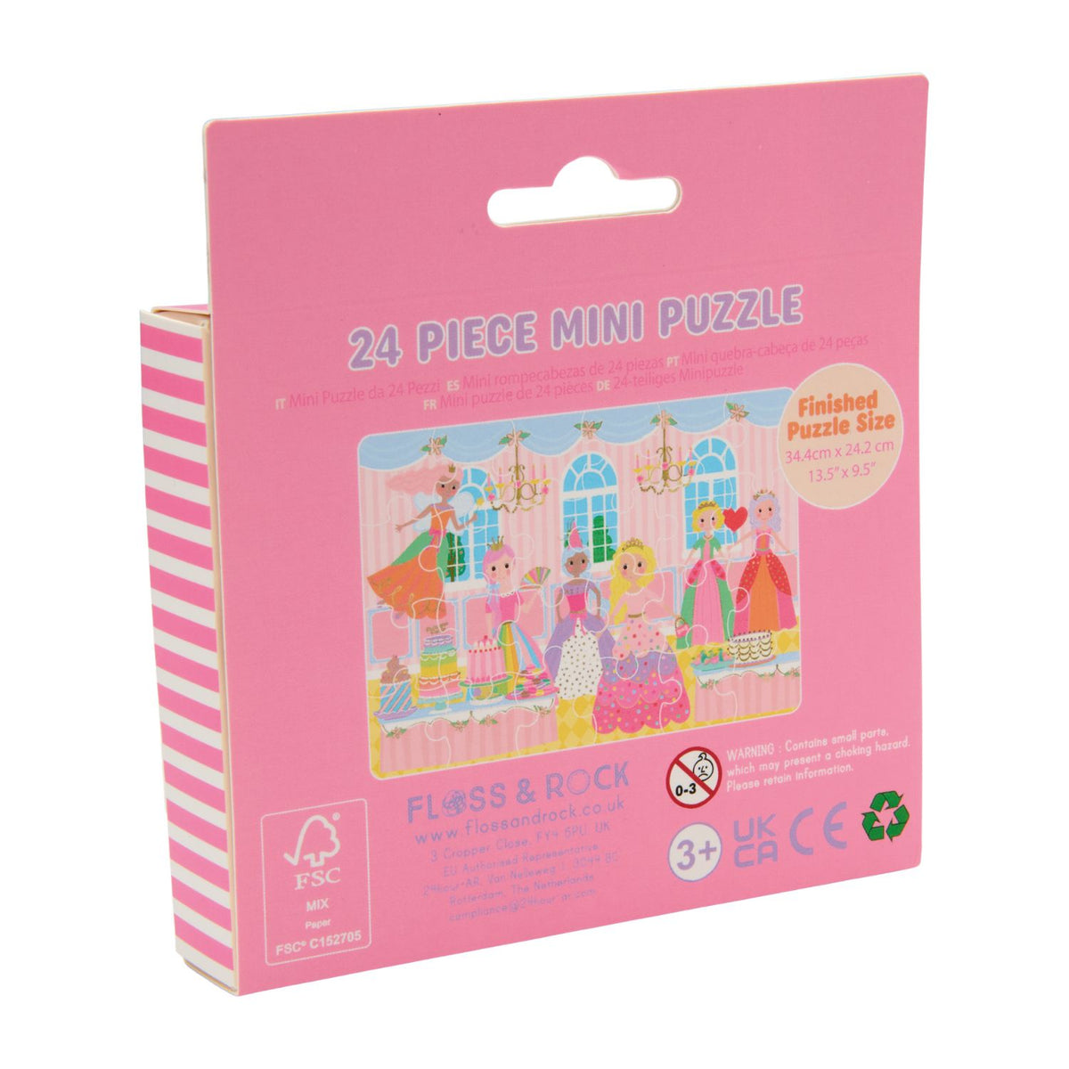 The back of the puzzle packaging displaying the FSC-certified logo and recyclability symbols, highlighting the sustainable materials used.