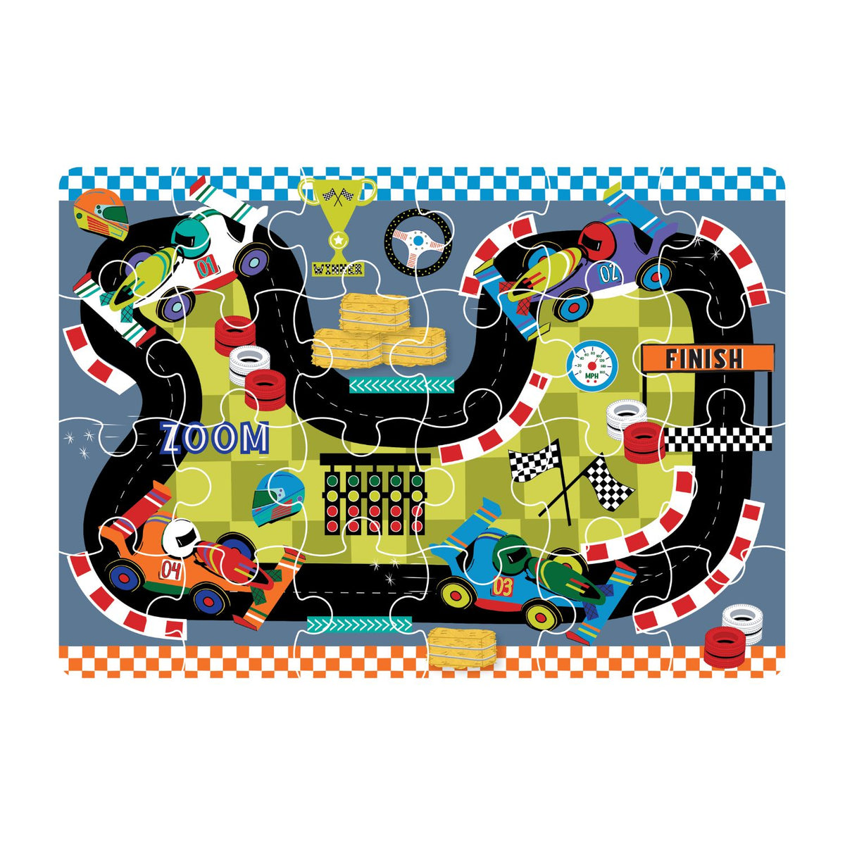 A completed 24-piece mini cars puzzle showing a vibrant race track scene with start and finish line