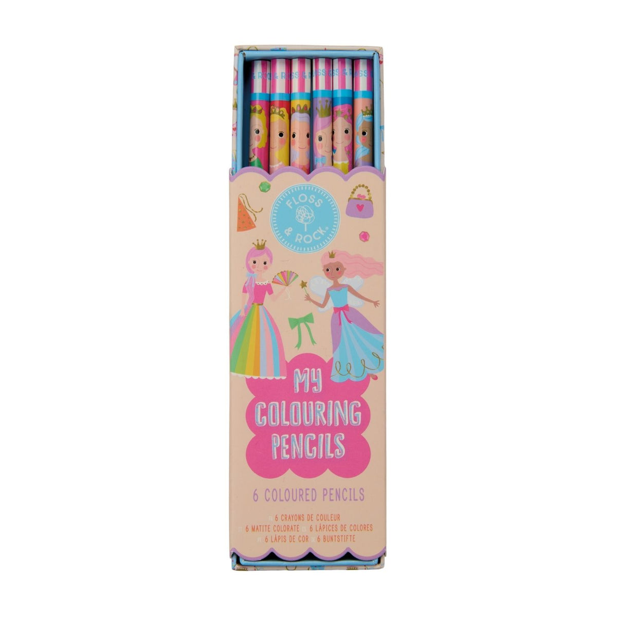6 bright and bold colouring pencils for little artists. Features a durable princess-themed box to keep pencils tidy at home or on the go. Ideal for party favours and gifts.